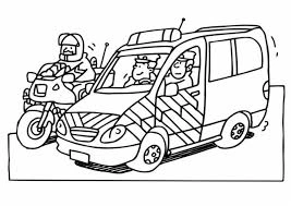 Coloring book policemen in a police car and on a motorcycle